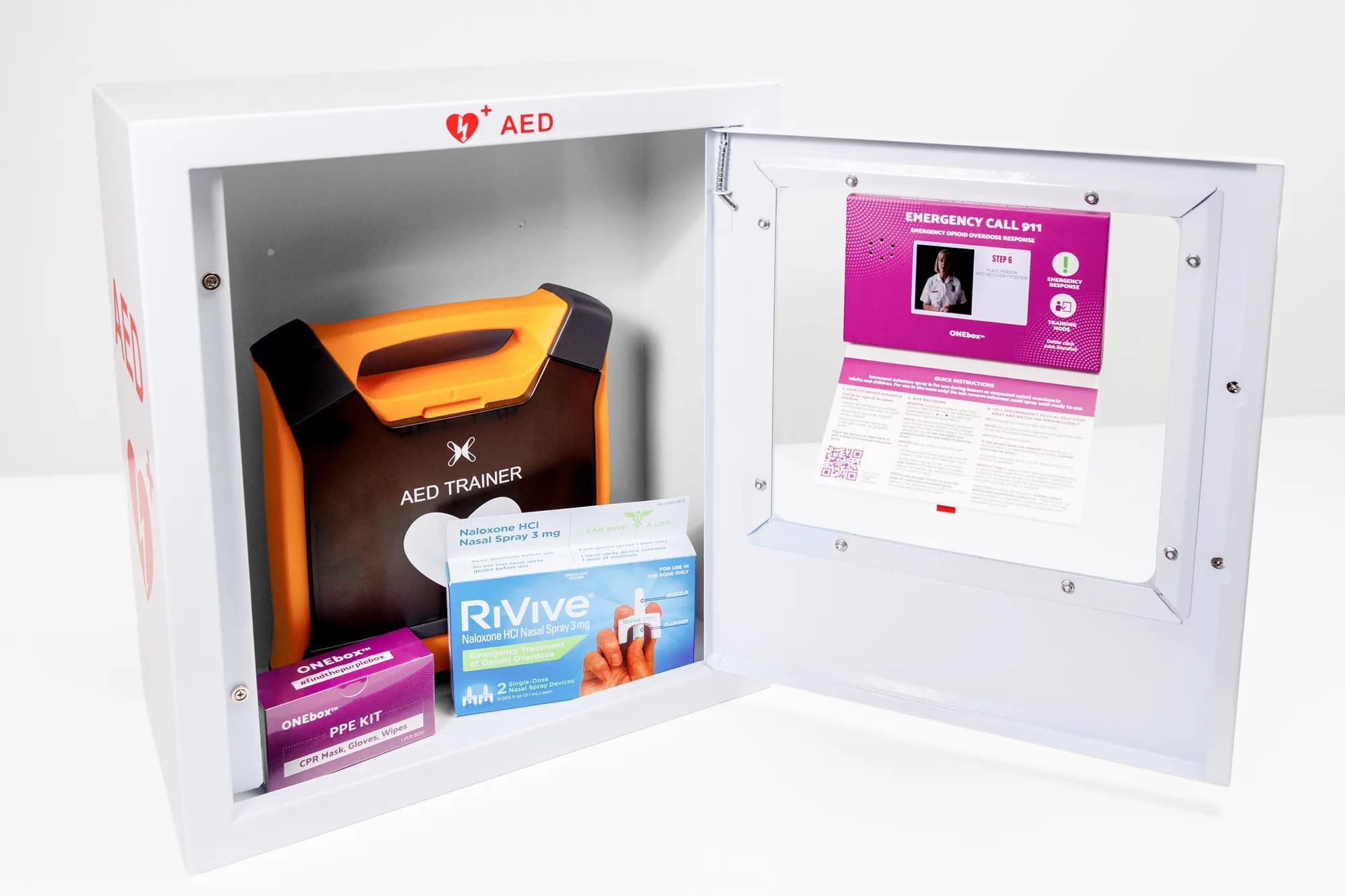 AED wall cabinet open showing AED, naloxone, and instructions
