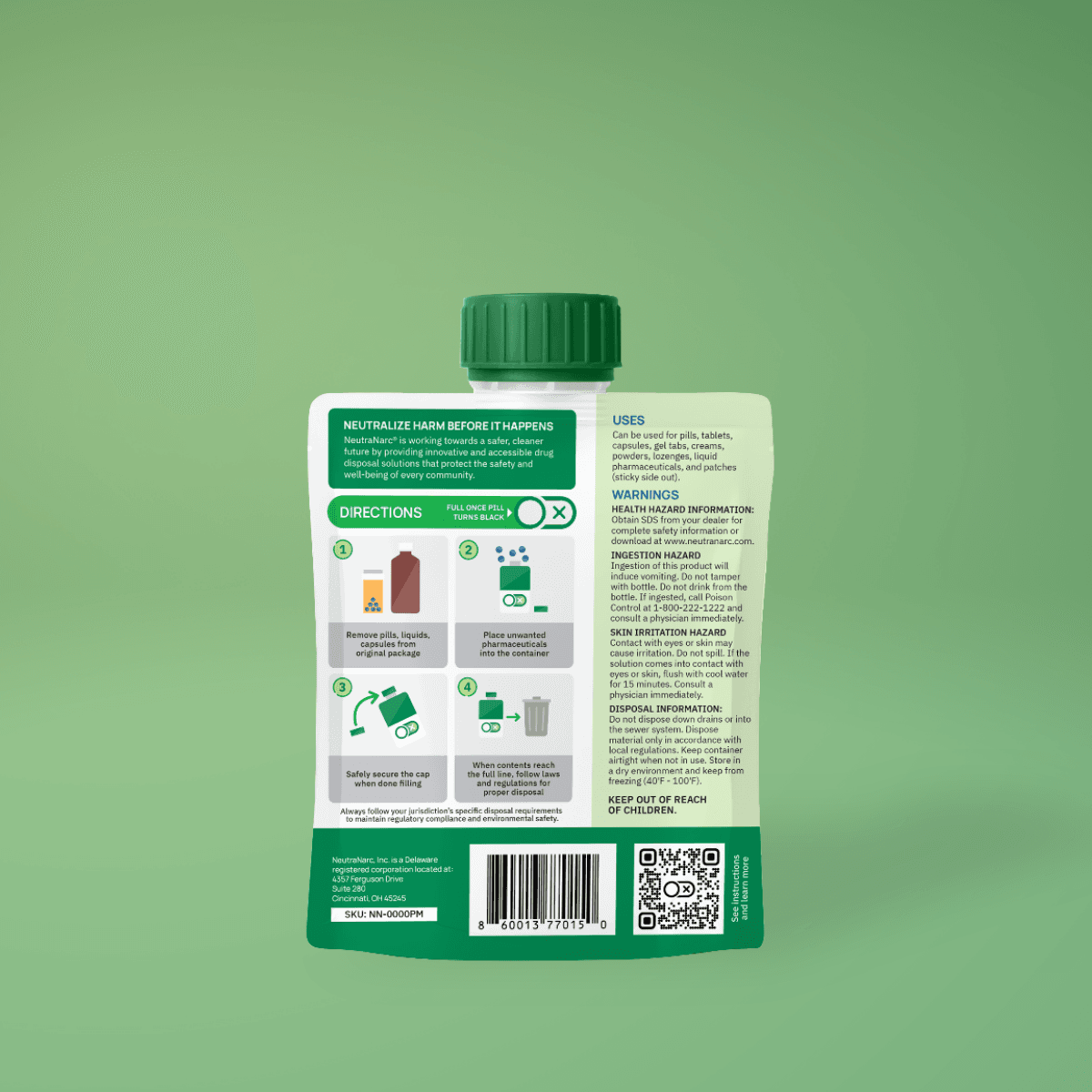 NeutraNarc Disposal Pouch, back label with directions